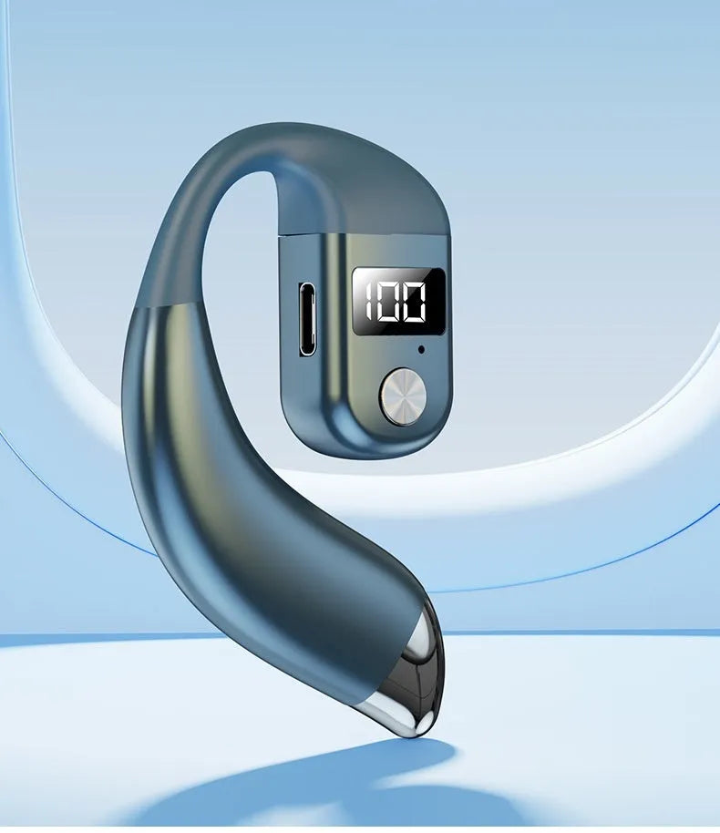 Digital display Bluetooth earphone, over the ear single ear design, black or blue, ABS waterproof body