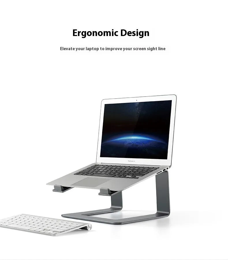 Black aluminium alloy laptop stand on wooden desk with laptop positioned on top