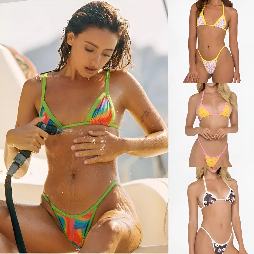 Female split digital print bikini set in pink edge colour option, made from polyester fibre for summer swimwear
