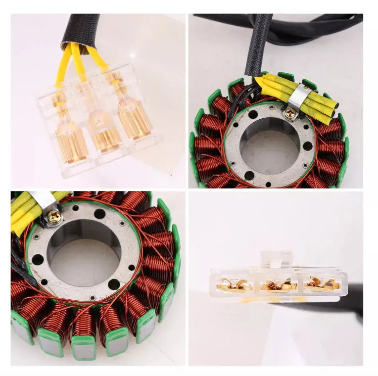 Metal stator ignition coil for motorcycles, dimensions 17x12x7cm, isolated on white background