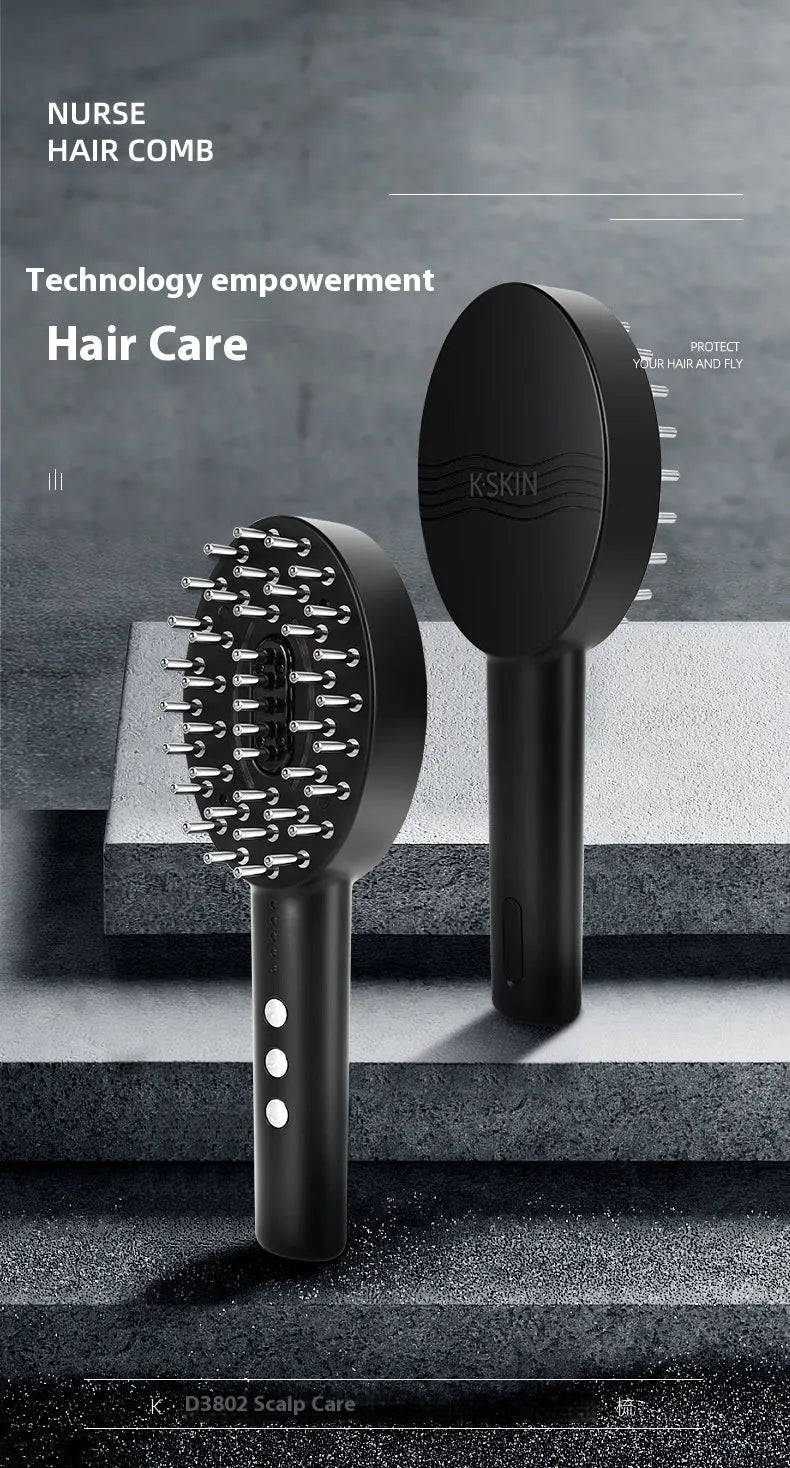 KD3802 Black scalp massage device with USB charging cable on a white background.