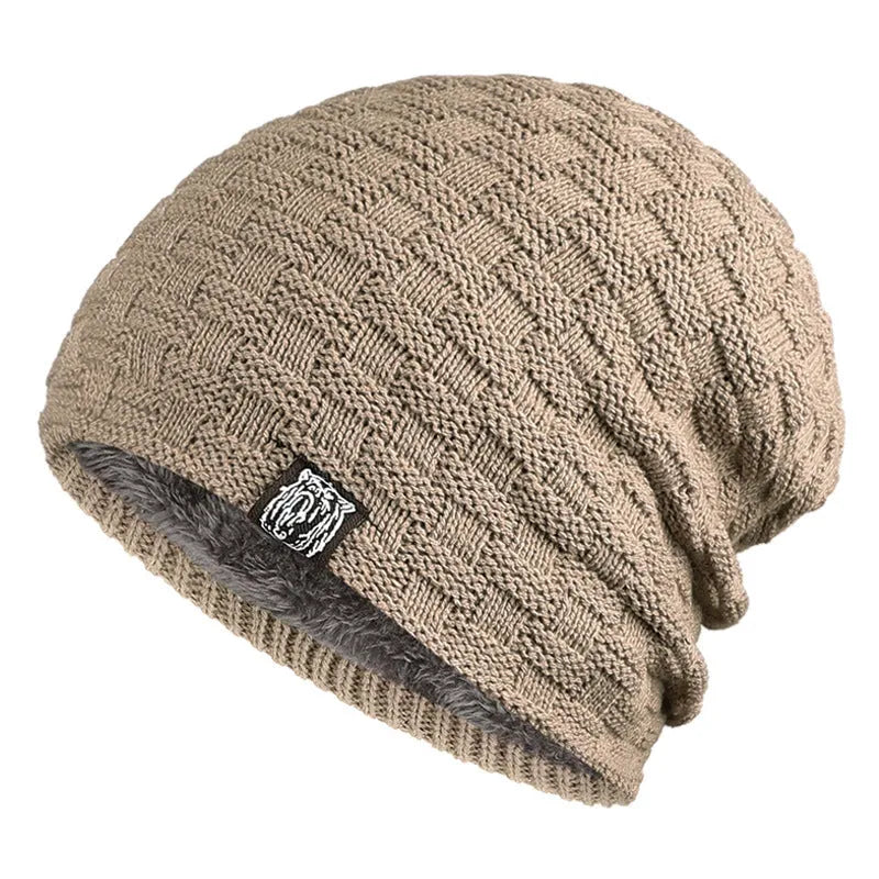 Tiger Label fleece warm men's unisex knitted cotton beanie in khaki colour