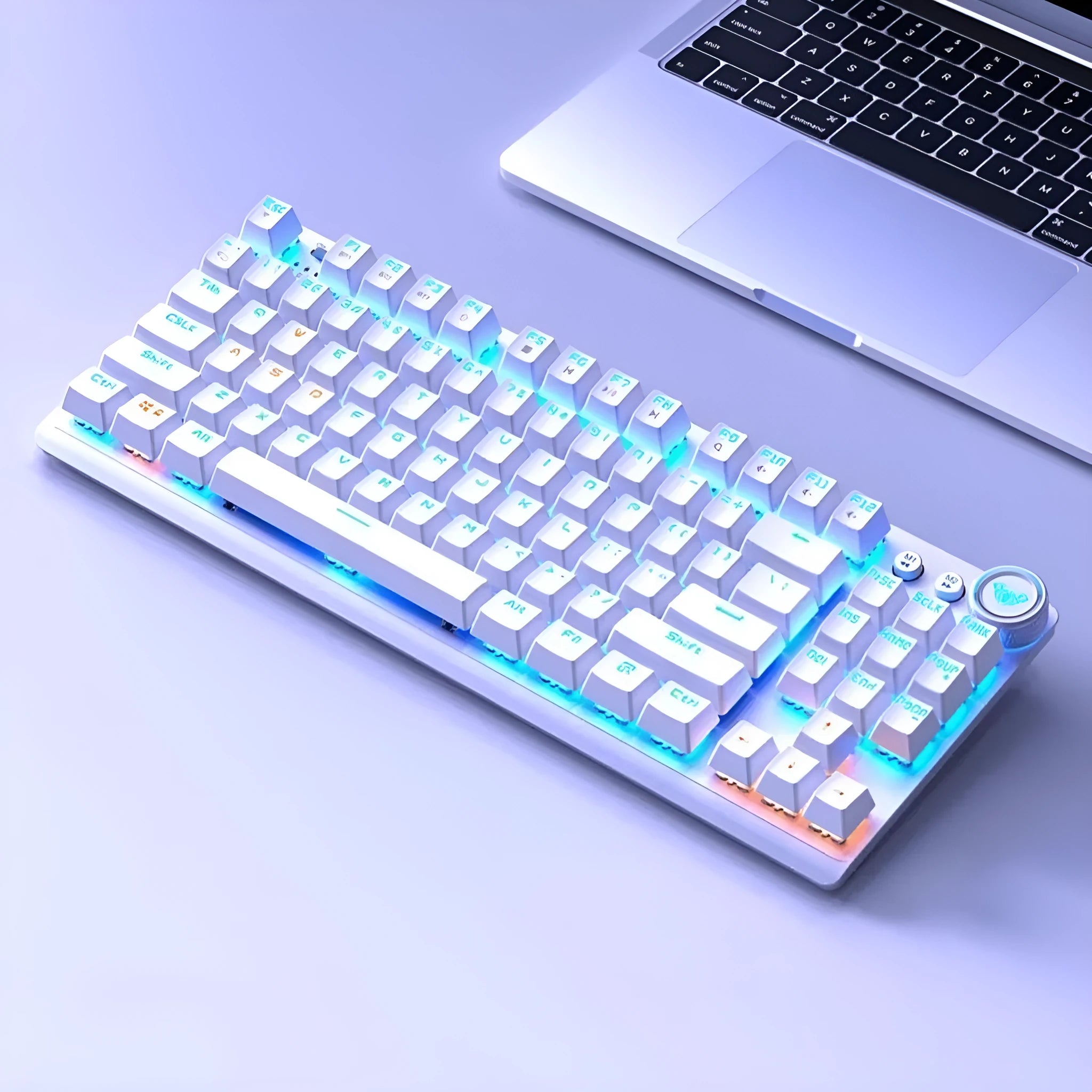 Wireless mechanical keyboard with side engraving and metal construction showing Bluetooth connectivity