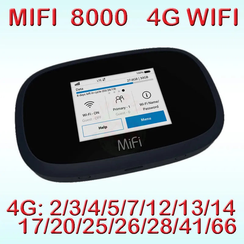 Black mifi8000 4G portable wireless router showing its compact size next to a data cable.