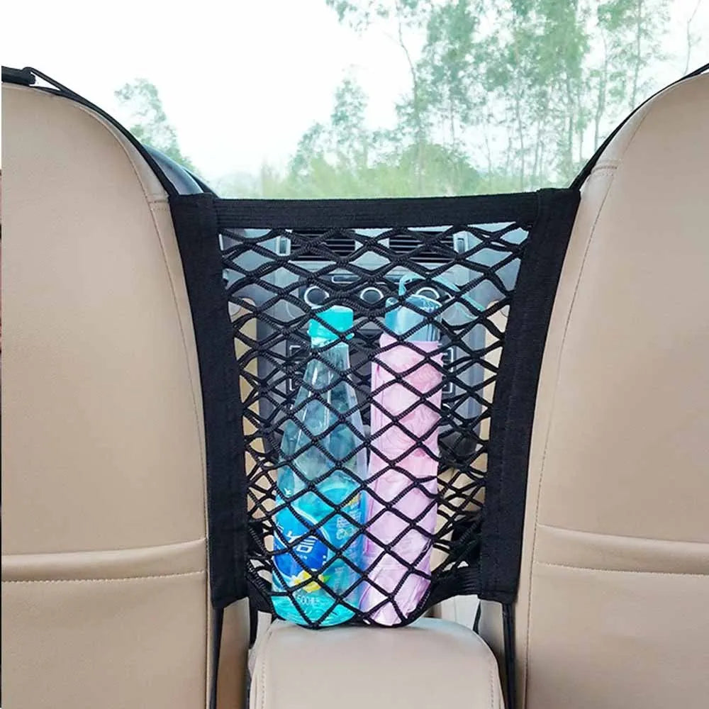 Black elastic car pet fence with nylon hooks for middle seat isolation, available in three styles.