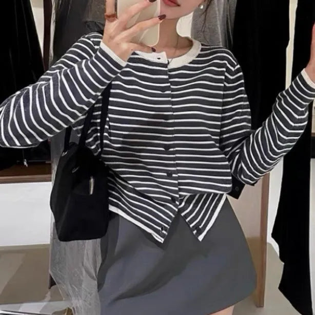 Dark grey and white striped women's cardigan coat with short 40cm length and slim fit.
