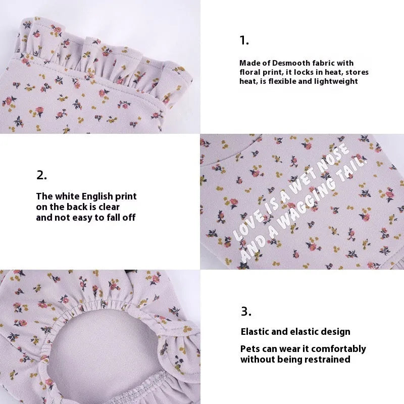 Teddy Bichon dog wearing light purple floral pattern polyester undershirt pet clothing