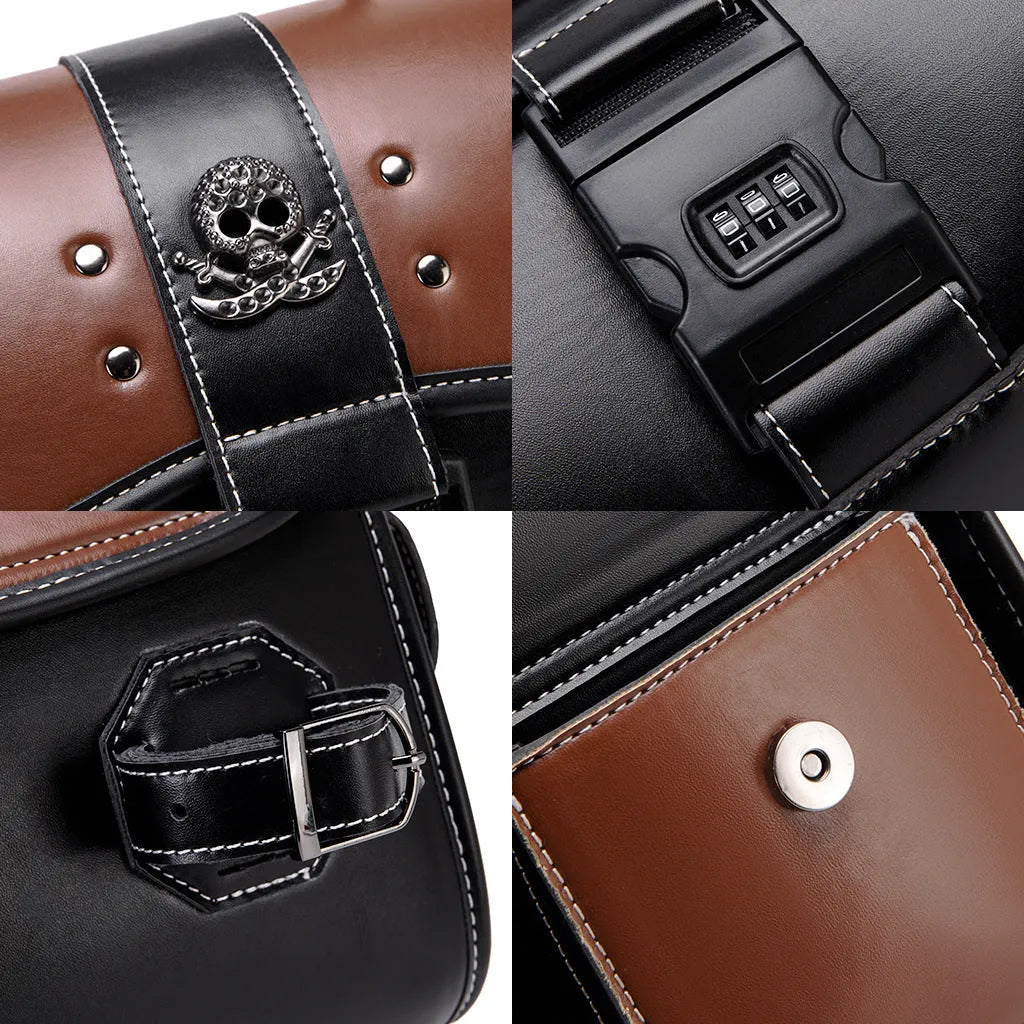 PU leather motorcycle front bag with colour contrast patchwork design mounted on handlebars