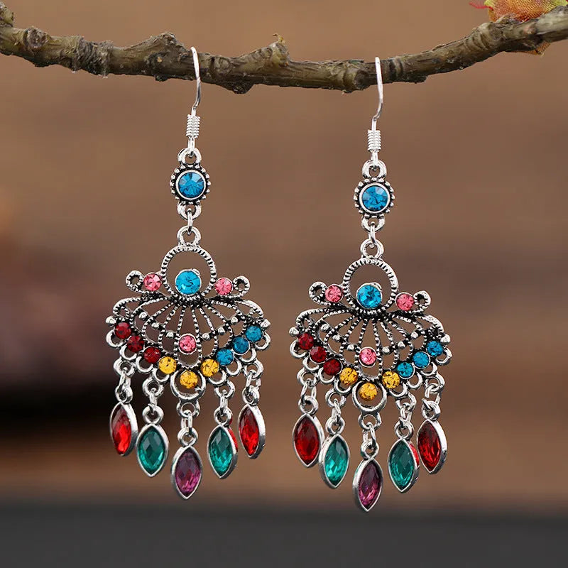 Purple retro fringe drop earrings with ethnic style design and long crystal detailing