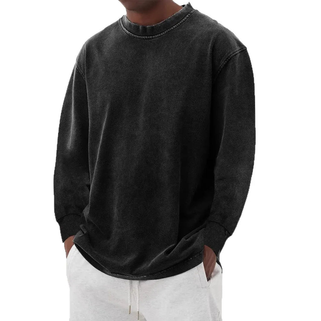Men's long-sleeved t-shirt washed old solid colour slim fit polyester pullover in sky blue