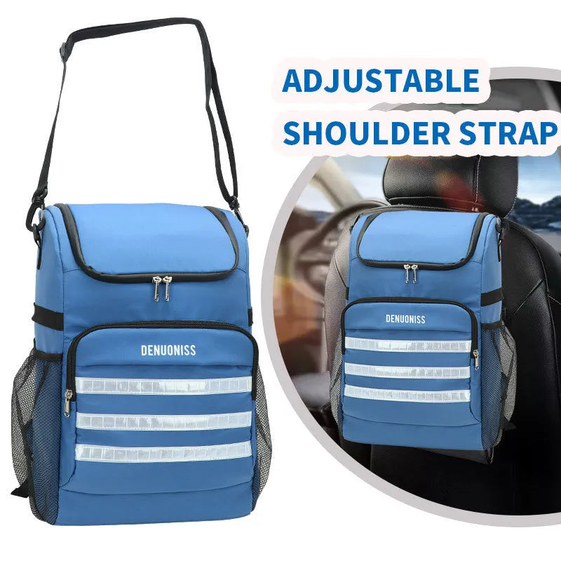 Black insulated 20L cloth backpack with a mounted shoulder bag featuring a bottle opener.