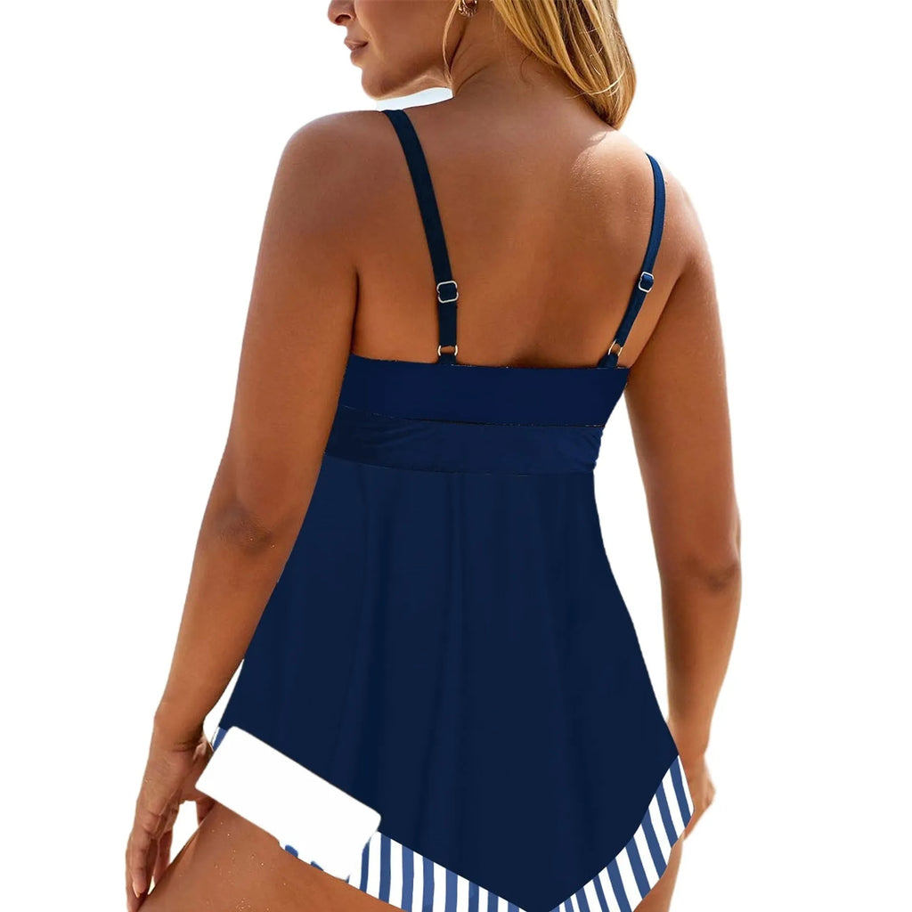 Plus size green two-piece bikini swimsuit with briefs on a mannequin.