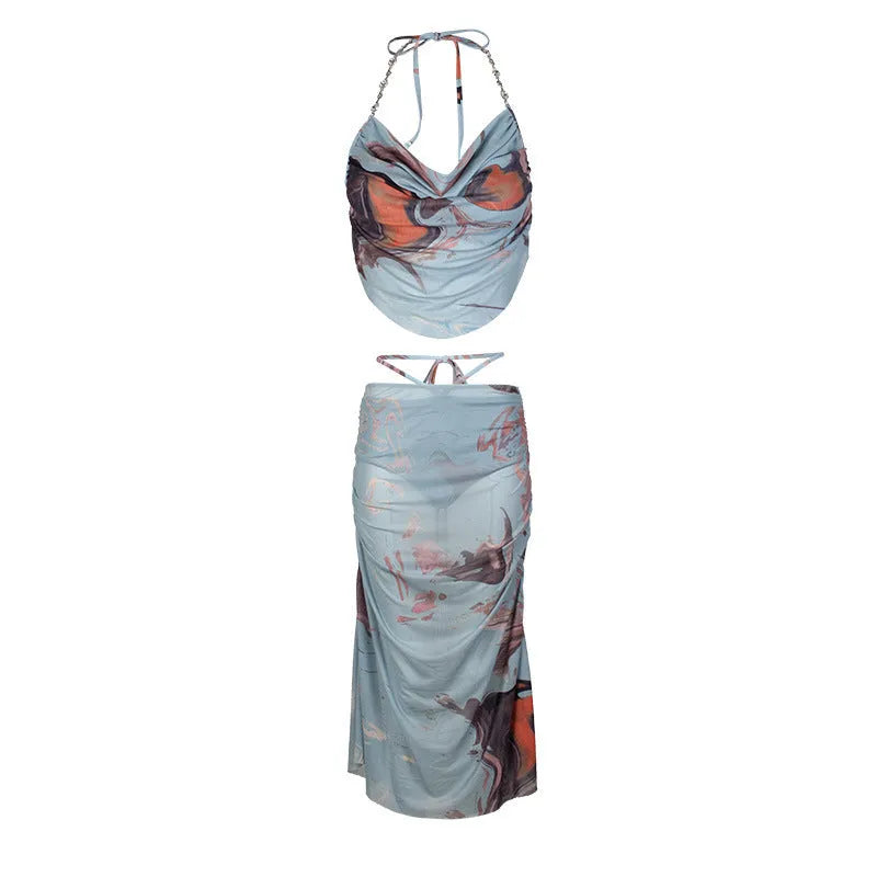 Blue women's three-piece bikini set with diamond chain split pattern design for hot spring use