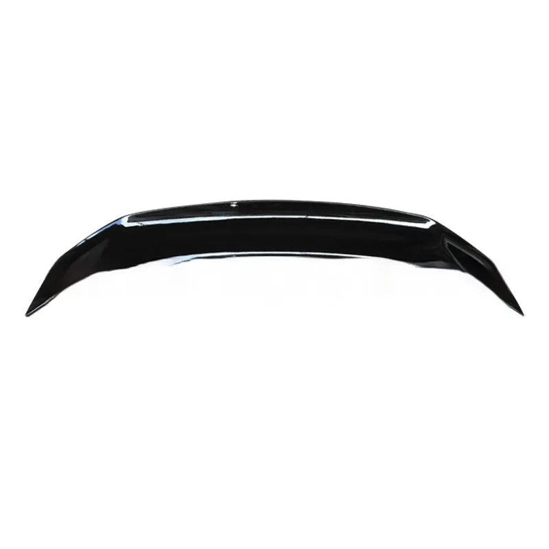 Universal car punch-free tail wing spoiler in ABS plastic, showing bright black, bright white, and carbon pattern finish options.