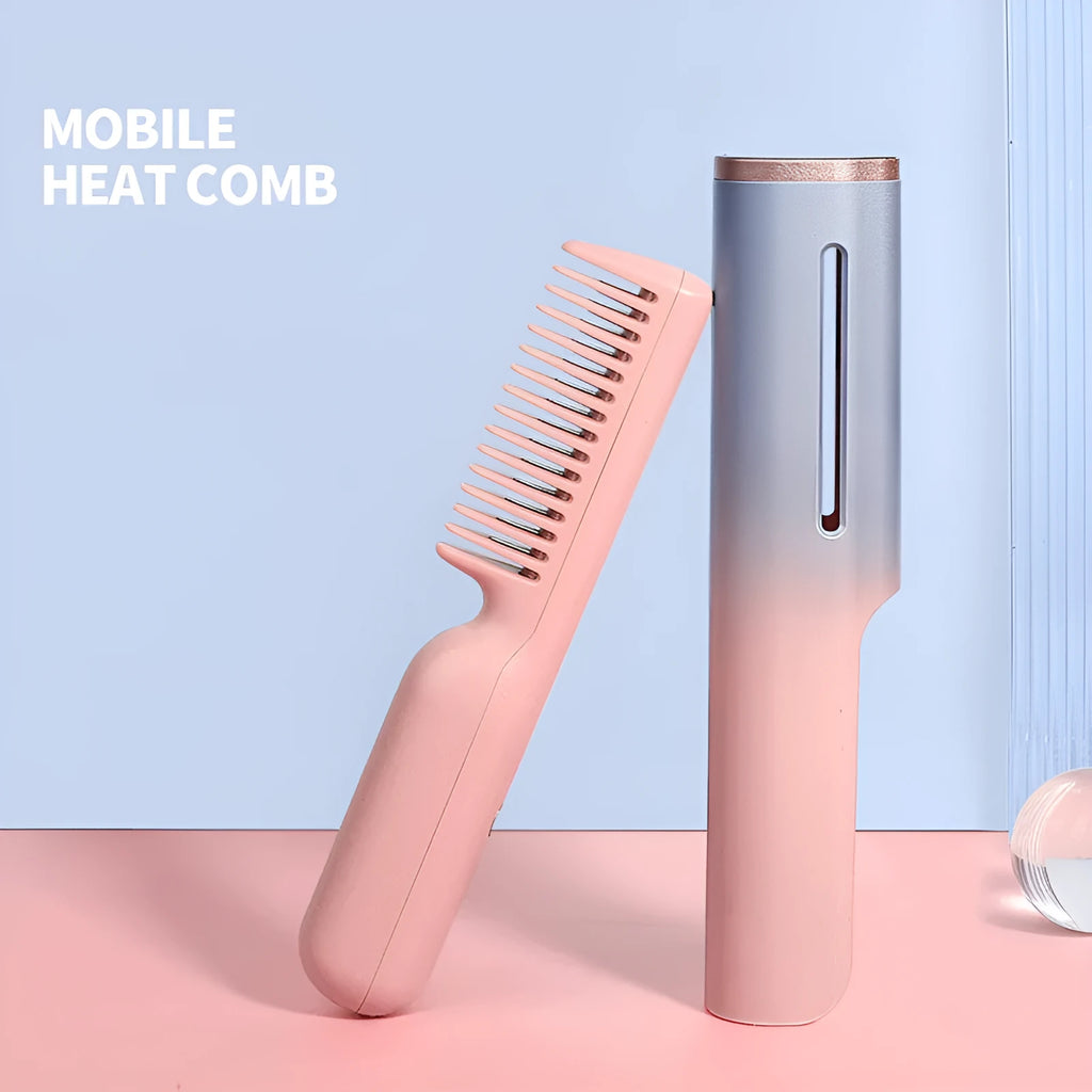 USB straight hair comb with tourmaline ceramic heat conductor, 3D gradient pink or green shell, and ten temperature settings