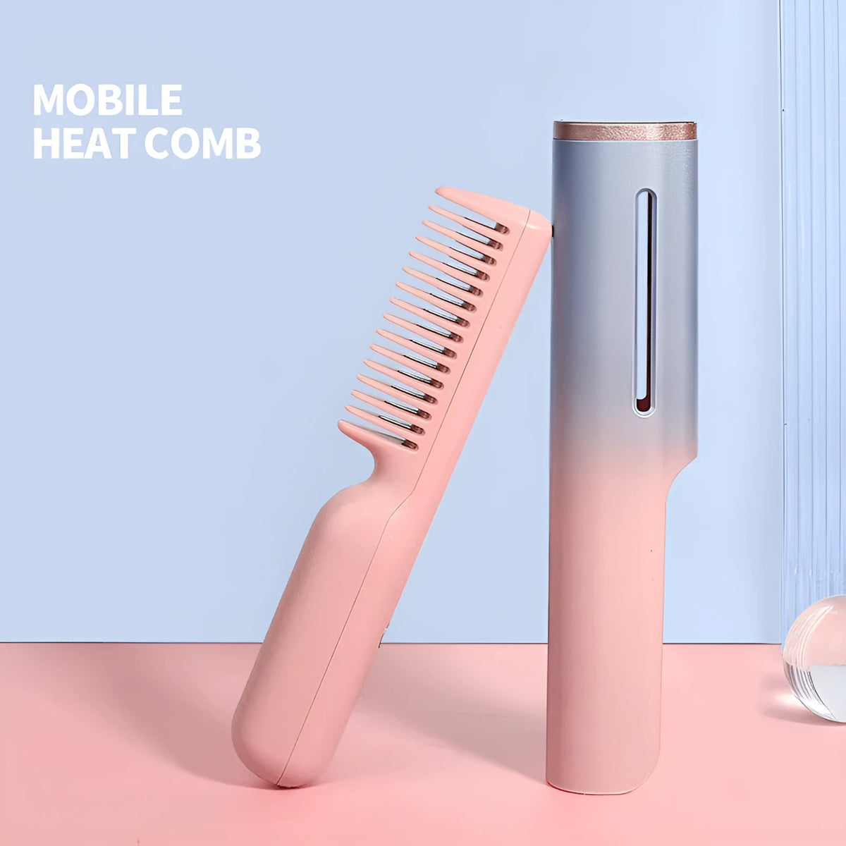 USB straight hair comb with tourmaline ceramic heat conductor, 3D gradient pink or green shell, and ten temperature settings