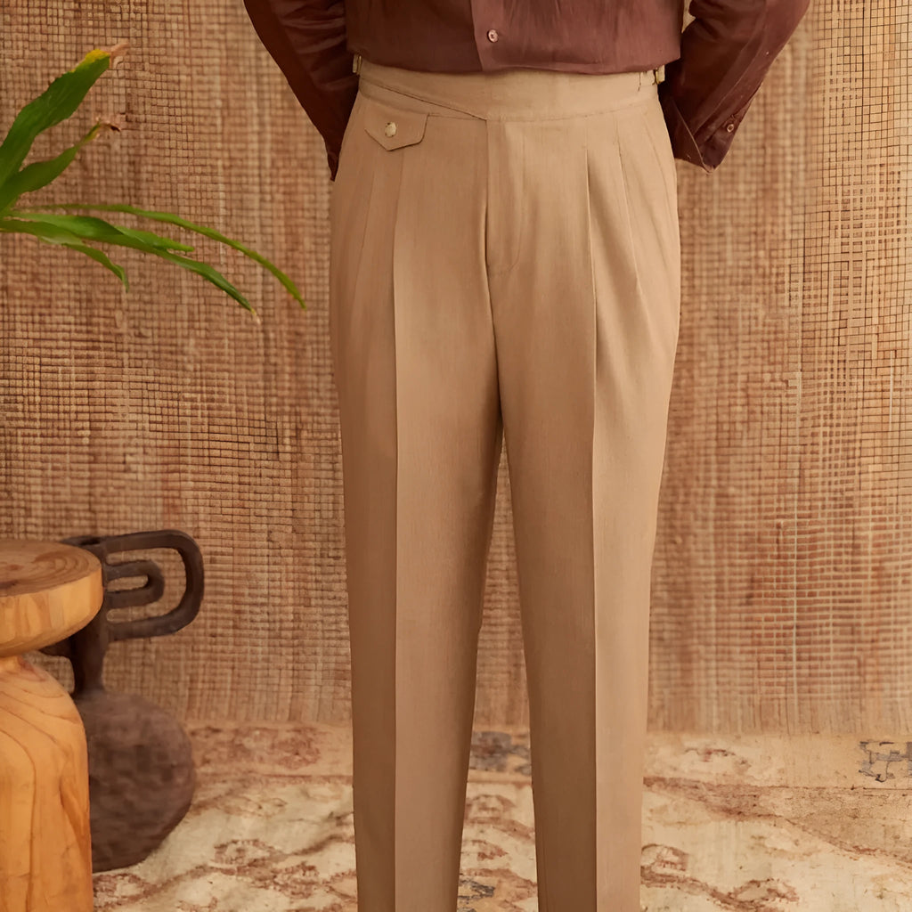 Man wearing slim-fit straight-leg business trousers in dark grey, suitable for office and formal events.
