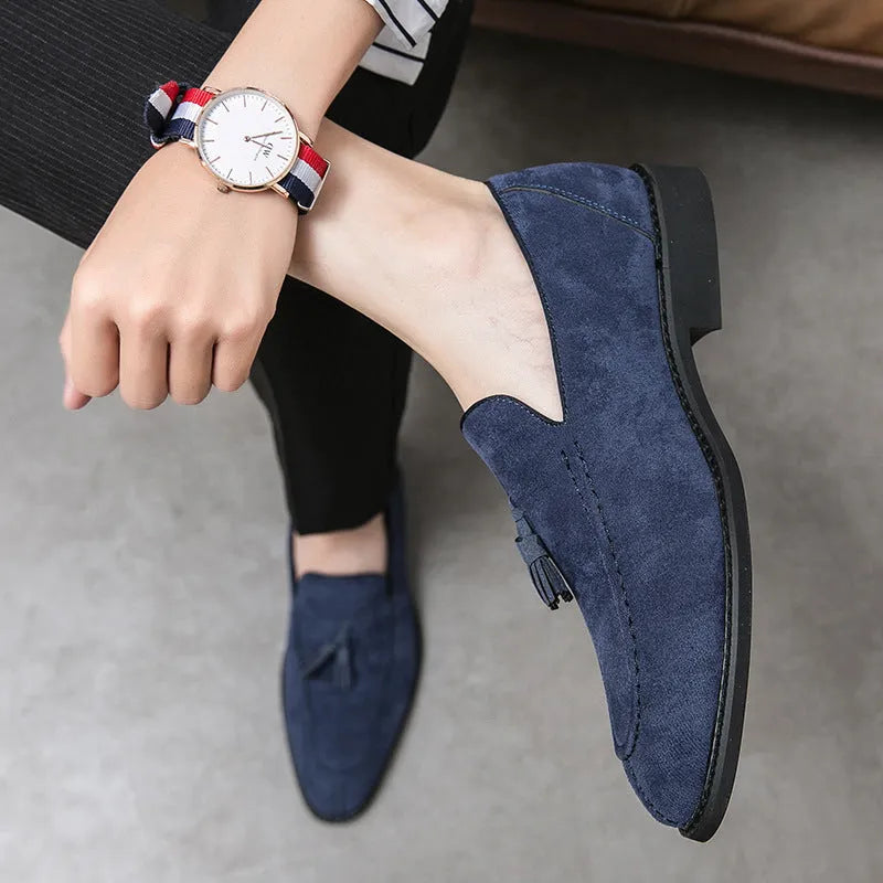 Men's suede matte fashion leather shoes in blue, flat heel low tube design with breathable and waterproof features