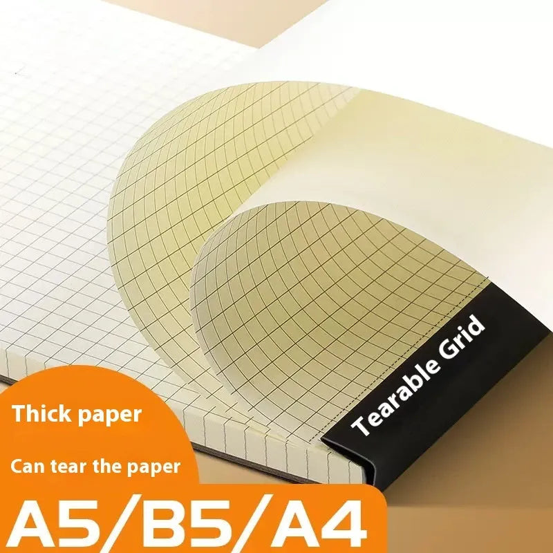 Set of tearable writing pads in A4, A5 and B5 sizes showing blank, grid and lined page options.