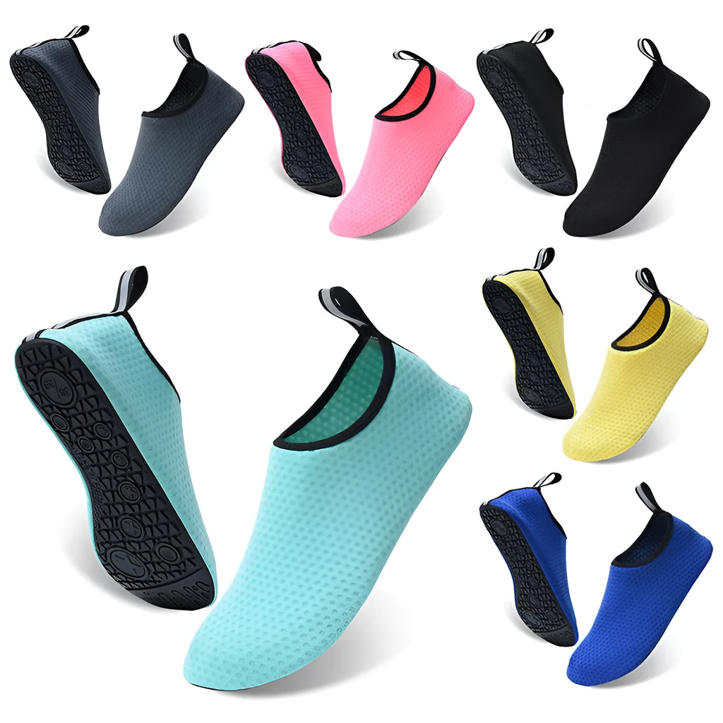 Non-slip water shoes with elastic band and mesh upper in Snowflake Mesh blue pattern.