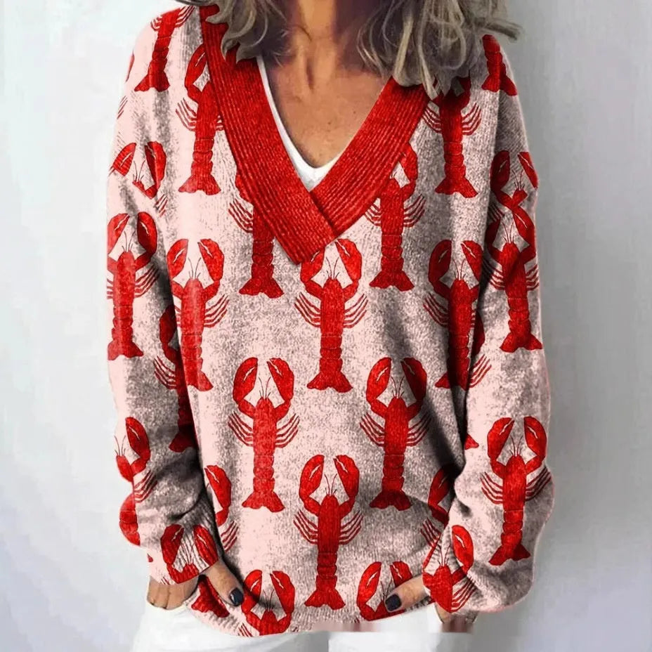 Women's V-neck sweatshirt with 3D floral pattern print and long sleeves in casual pullover style