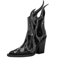 Women's black square toe Martin boots with chunky high heel and rhinestone flame design on the side.