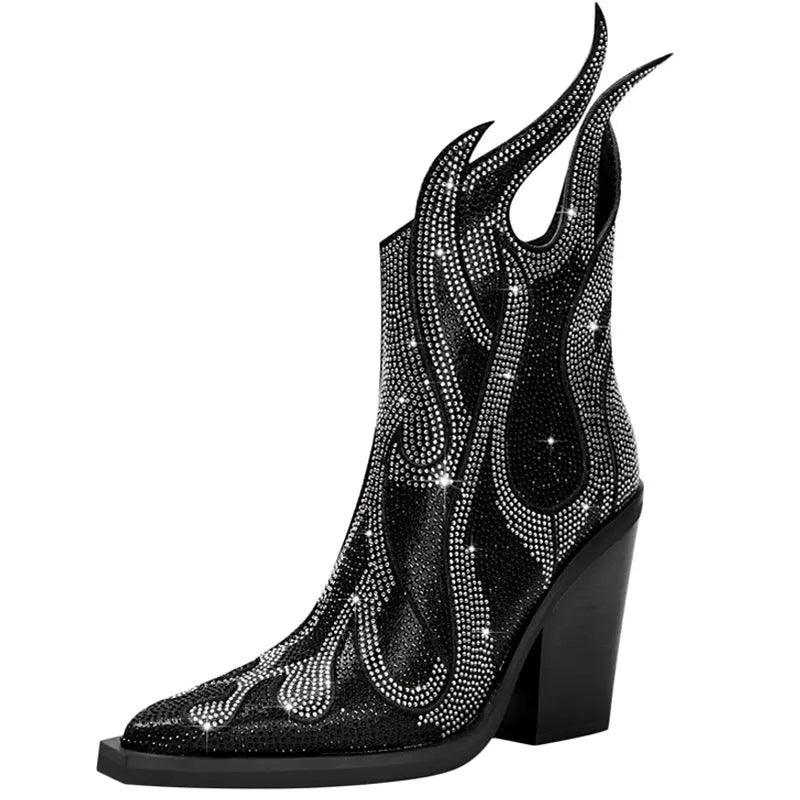Women's black square toe Martin boots with chunky high heel and rhinestone flame design on the side.
