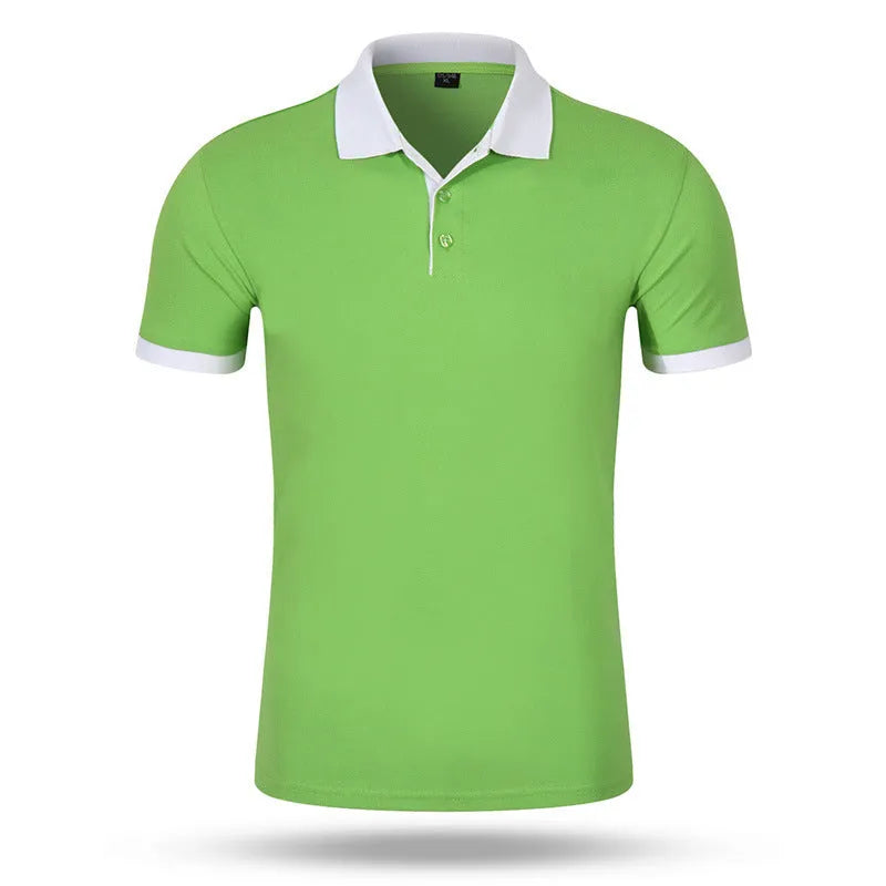 Colour lapel advertising T-shirt for men in a short sleeve, loose fit design on a hanger.