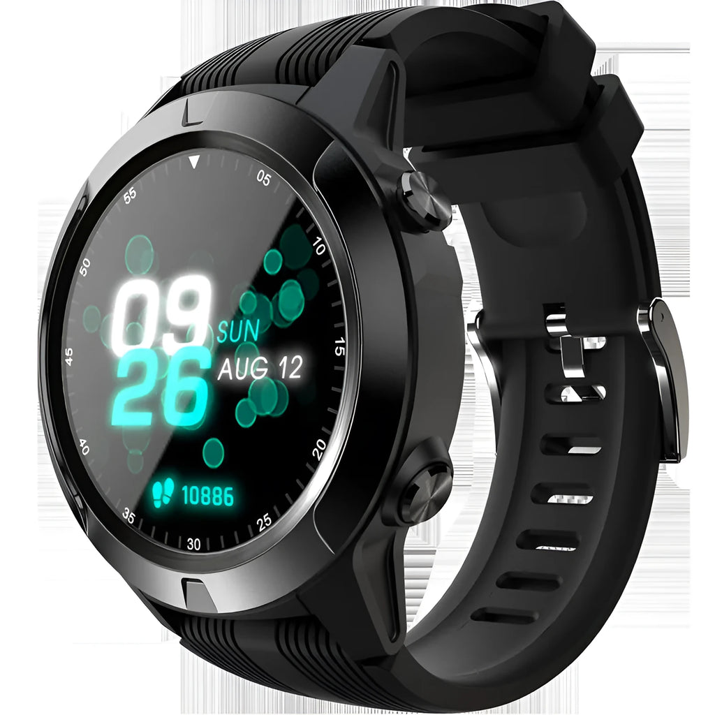 Black men's smart watch with digital screen showing fitness stats.