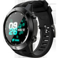 Black men's smart watch with digital screen showing fitness stats.