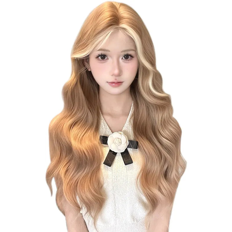 Long curly lace front wig in American highlight gold colour on display stand