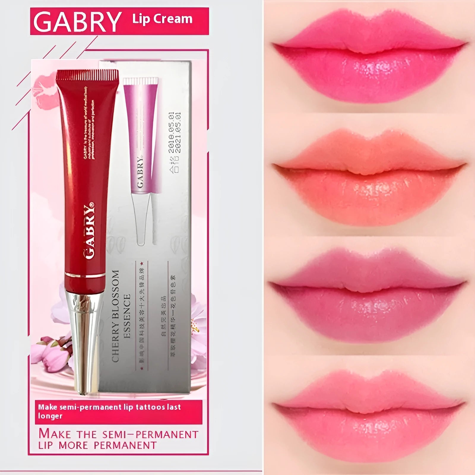 Vermilion lip gloss makeup tool showing five colour shades: pink, orange red, bright rose red, rose red, and seashell