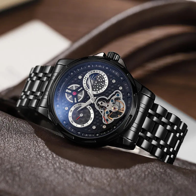Men's automatic waterproof watch with luminous hands and 13mm steel case on wrist