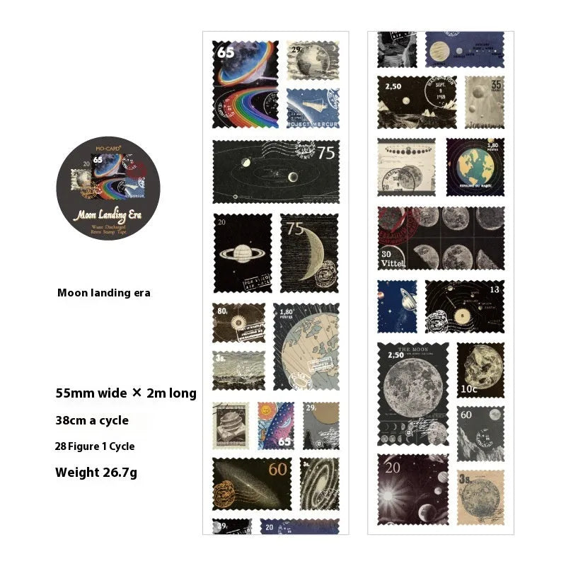 Roll of retro-design stamp stickers for journal decoration, 55mm wide.