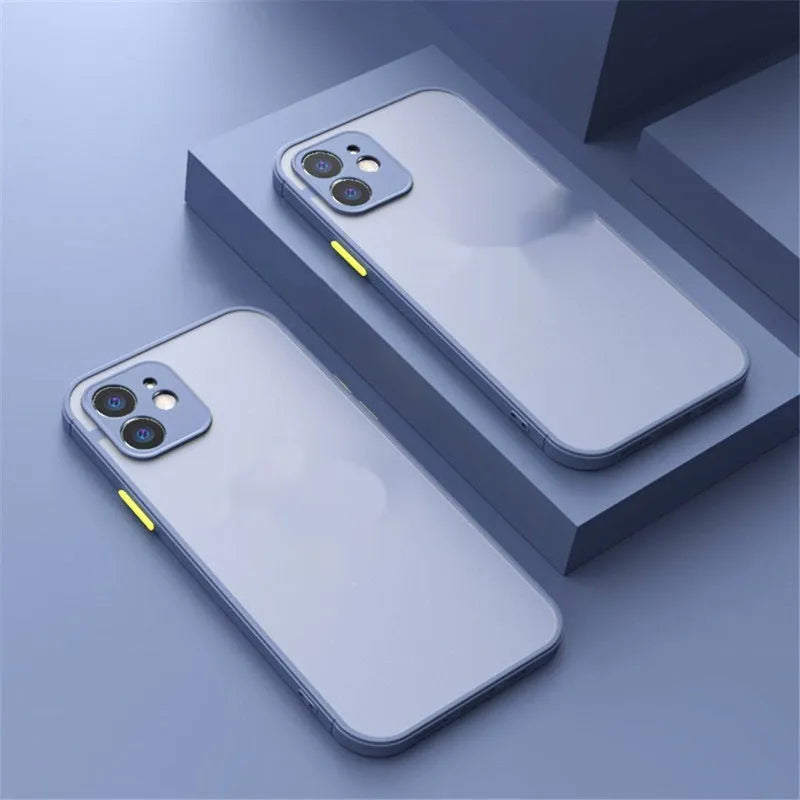 Frosted finish magnetic iPhone case shown in multiple colours on a table next to a phone