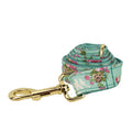 Rose pattern fabric dog collar set with green background including collar, leash, and detachable bow