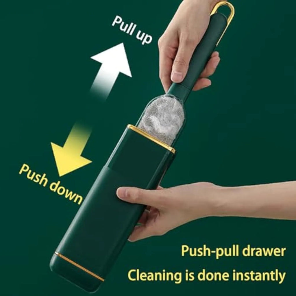 Blue green and white reusable pet hair remover brush with self-cleaning storage base.