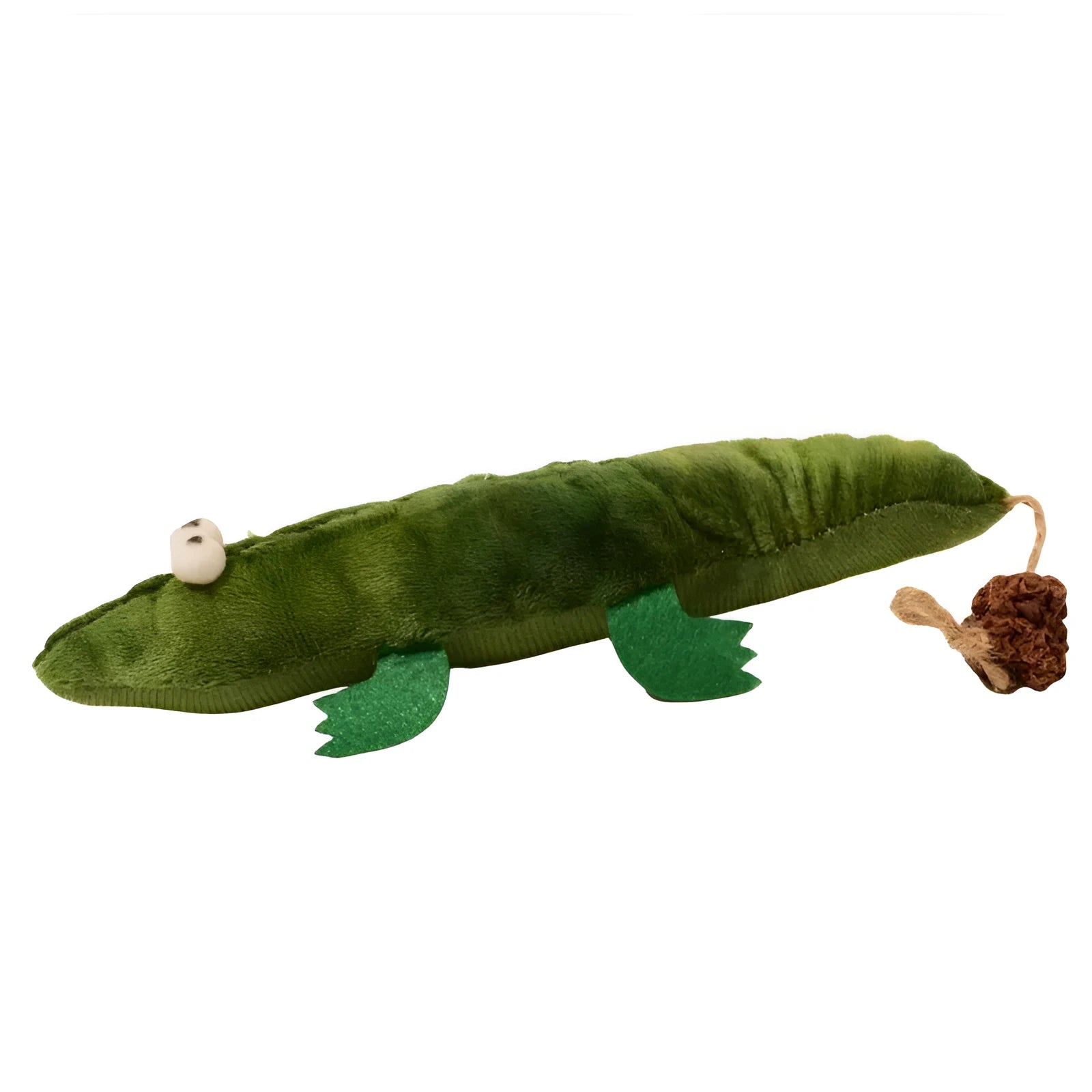 Green plush alligator cat toy with plant based catnip and peppermint scent for oral cleansing
