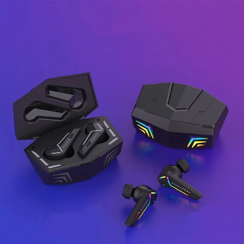 Black TWS in-ear Bluetooth sports headset with low latency for gaming.