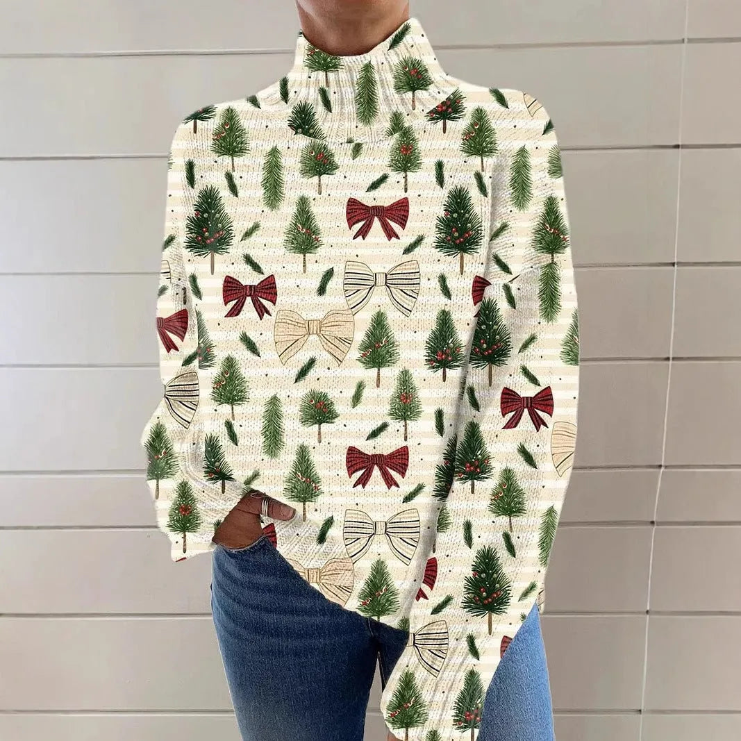 Women's printed red Christmas turtleneck loose-fit sweater on a hanger.