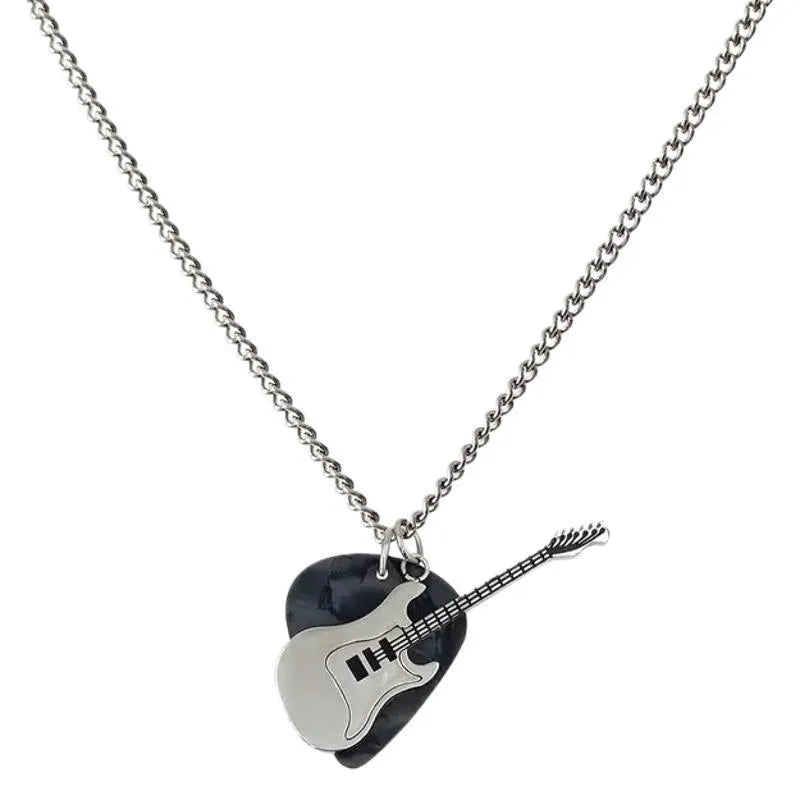 Black guitar pendant necklace in titanium steel on box chain, lithographic finish, women's punk rock style accessory.