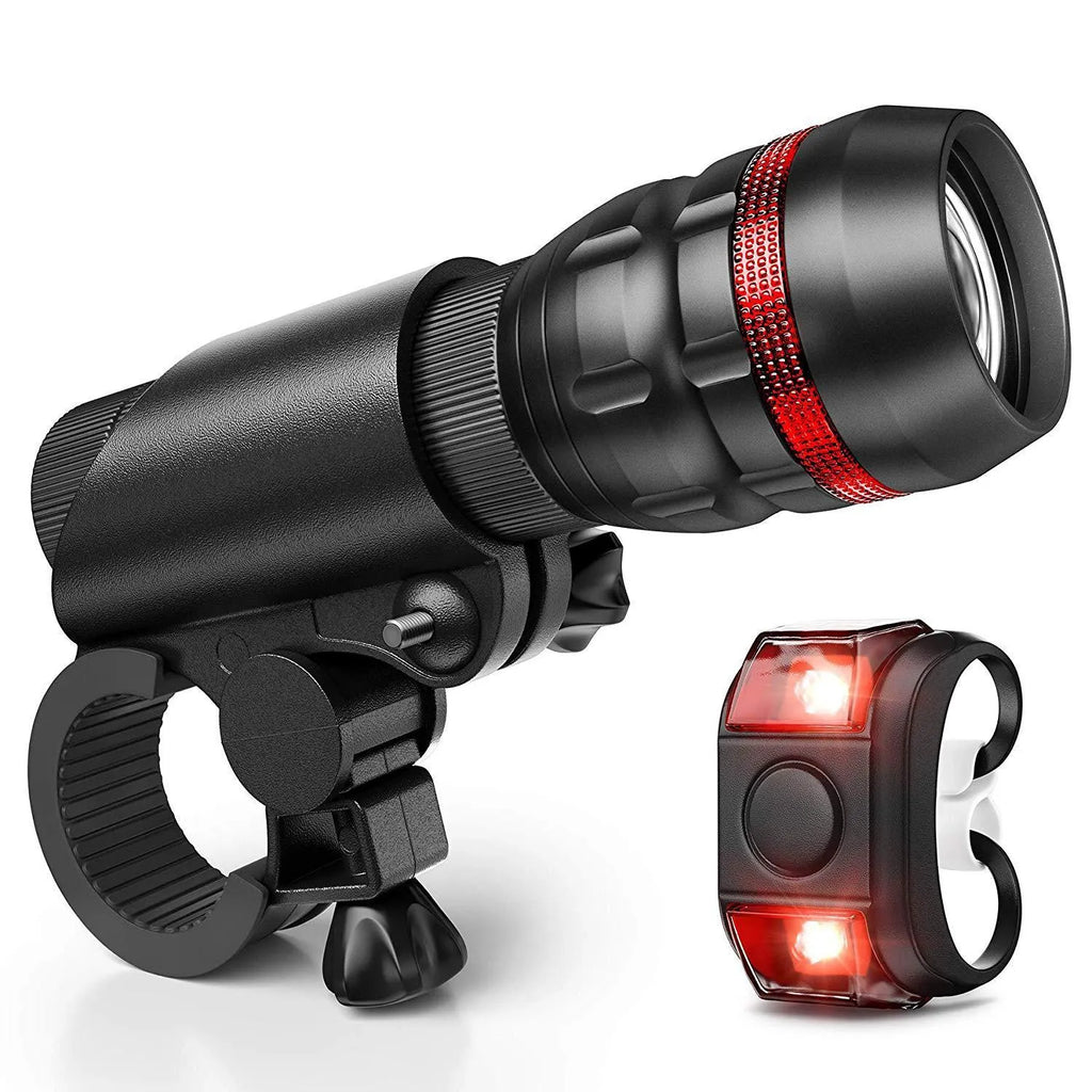Bicycle headlight and taillight set with handlebar mounting bracket.