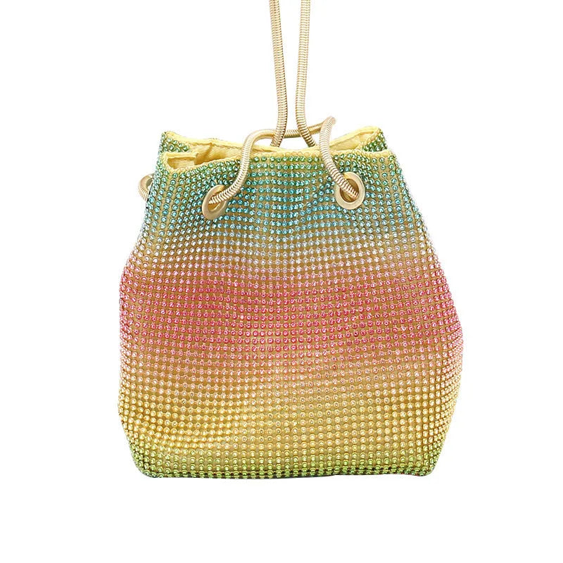Colourful rhinestone bucket bag with sparkly fabric, shown as a handbag and shoulder bag.