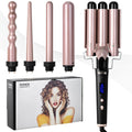 Rose gold five-in-one hair curler with LCD screen and tube replacement technology.