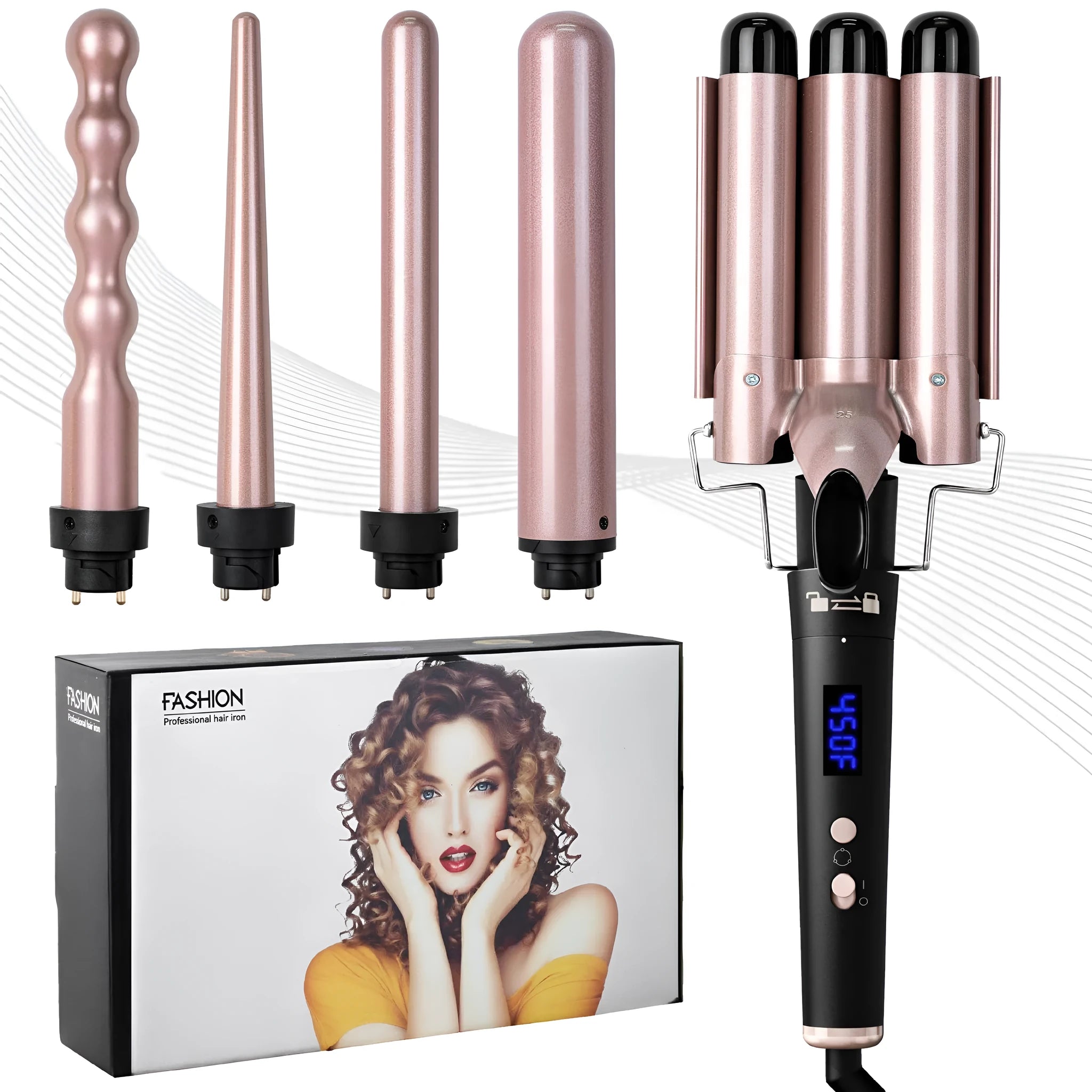 Rose gold five-in-one hair curler with LCD screen and tube replacement technology.