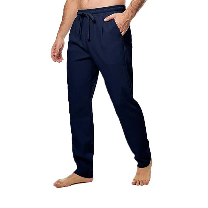 Men's cotton and linen trousers, loose straight leg, drawstring waist, summer breathable, five colours, M-5XL