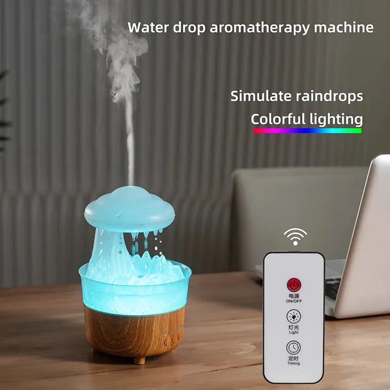 Wood grain white column-shaped rain cloud humidifier diffuser with colourful LED night light