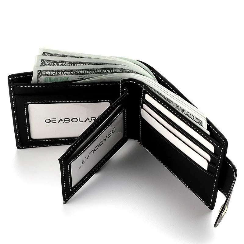 Black PU leather men's wallet with animal pattern, zipper closure, and multiple card slots