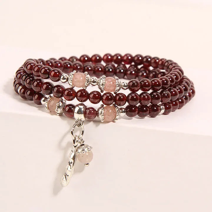 Wine red garnet crystal bracelet with flower-shaped beads in bohemian ethnic style