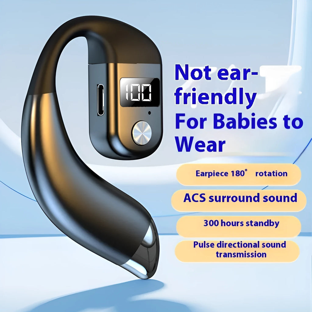 Digital display Bluetooth earphone, over the ear single ear design, black or blue, ABS waterproof body